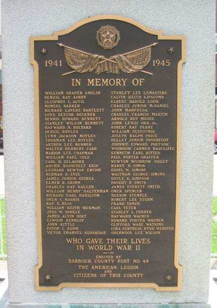 BARBOUR COUNTY WAR MEMORIAL PLAQUE B