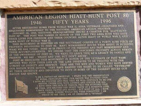 AMERICAN LEGION HIATT-HUNT POST 80 MEMORIAL PLAQUE A