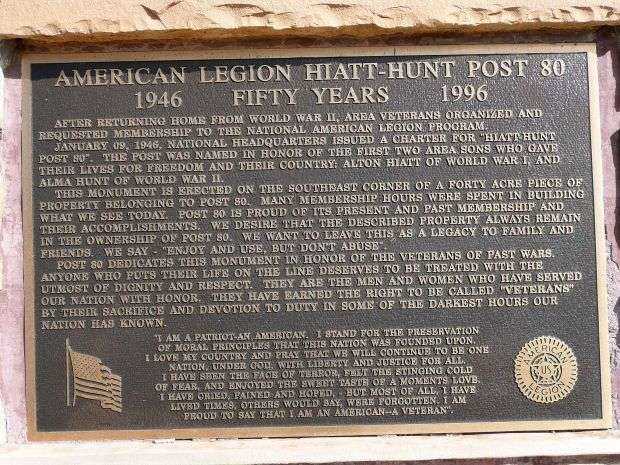 AMERICAN LEGION HIATT-HUNT POST 80 MEMORIAL PLAQUE A