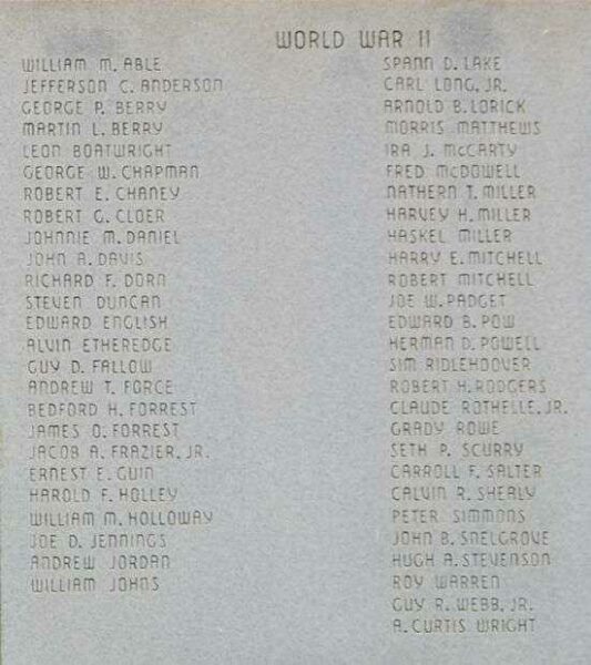 SALUDA COUNTY VETERANS MEMORIAL HONOR ROLL STONE B