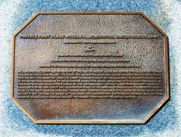 PRIVATE FIRST CLASS WILLIAM A. MCWHORTER MEDAL OF HONOR PLAQUE A