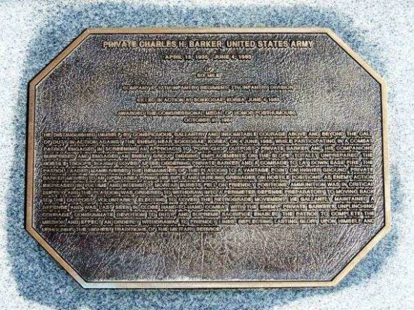 PRIVATE CHARLES H. BARKER MEDAL OF HONOR PLAQUE A