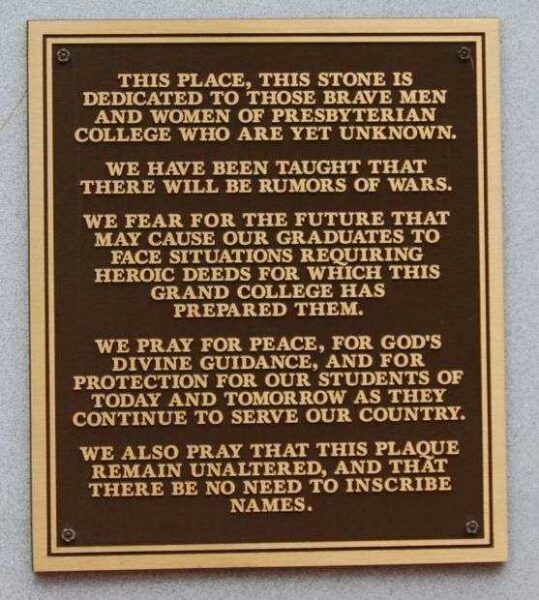 PRESBYTERIAN COLLEGE ARMED FORCES MEMORIAL PLAQUE H