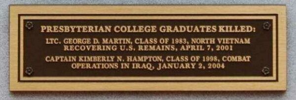 PRESBYTERIAN COLLEGE ARMED FORCES MEMORIAL PLAQUE G