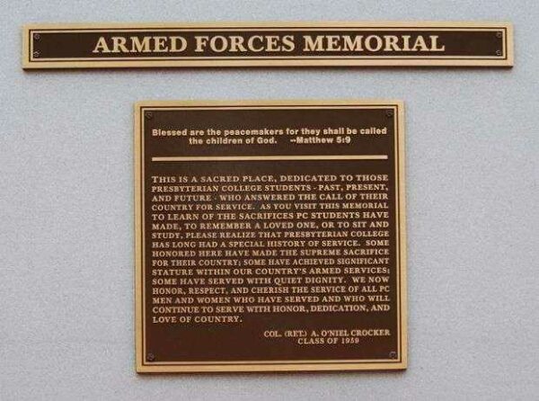 PRESBYTERIAN COLLEGE ARMED FORCES MEMORIAL PLAQUE E