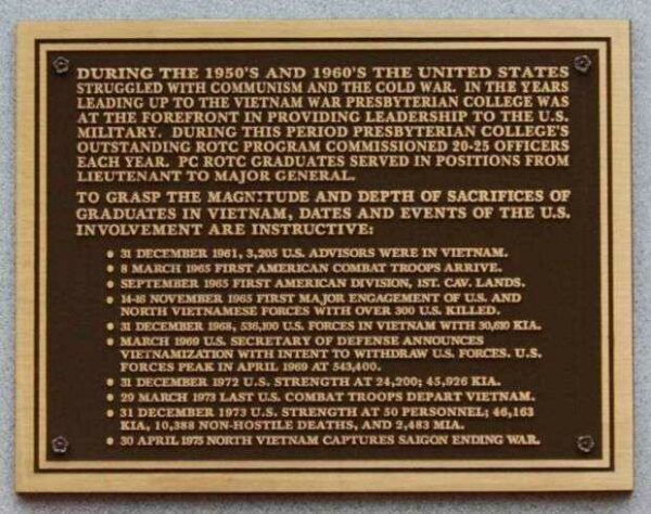 PRESBYTERIAN COLLEGE ARMED FORCES MEMORIAL PLAQUE C