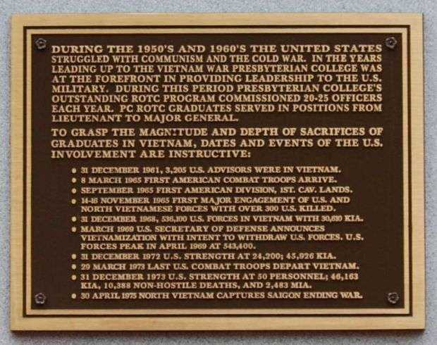 PRESBYTERIAN COLLEGE ARMED FORCES MEMORIAL PLAQUE C
