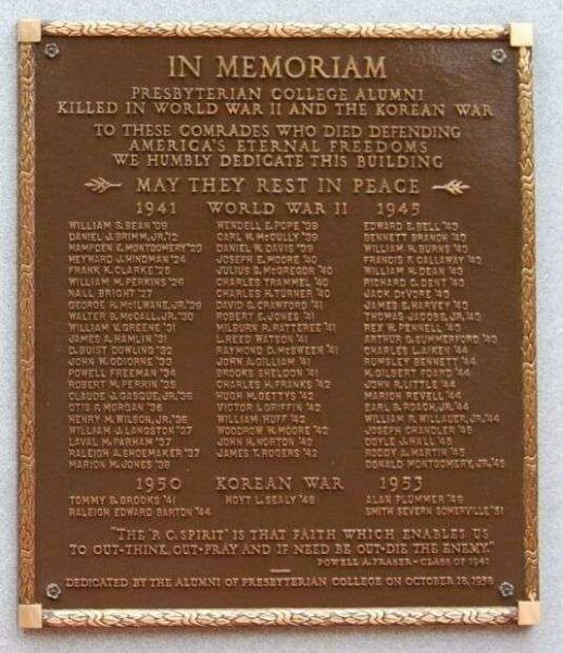 PRESBYTERIAN COLLEGE ARMED FORCES MEMORIAL PLAQUE B