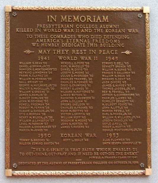 PRESBYTERIAN COLLEGE ARMED FORCES MEMORIAL PLAQUE B