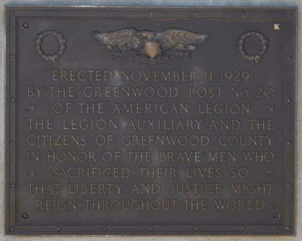 GREENWOOD COUNTY WAR MEMORIAL PLAQUE A