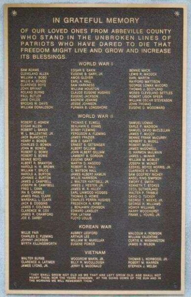 ABBEVILLE COUNTY WAR MEMORIAL PLAQUE