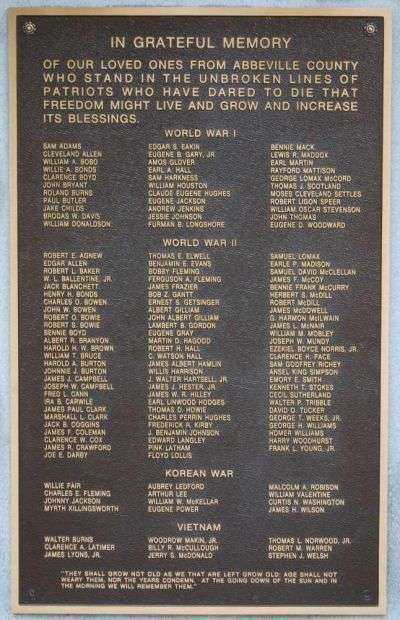 ABBEVILLE COUNTY WAR MEMORIAL PLAQUE