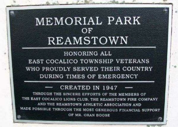 MEMORIAL PARK OF REAMSTOWN PLAQUE