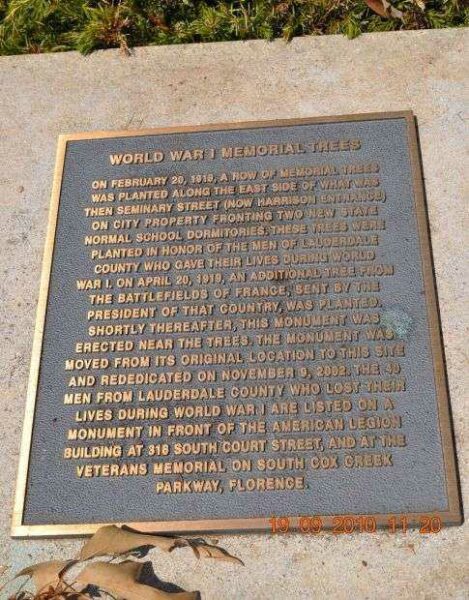 LAUDERDALE COUNTY WORLD WAR I MEMORIAL TREES PLAQUE