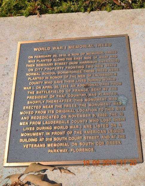 LAUDERDALE COUNTY WORLD WAR I MEMORIAL TREES PLAQUE