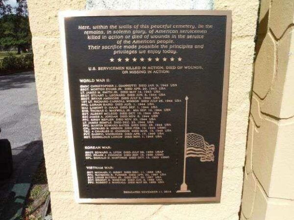 SOUTHERN MEMORIAL PARK CEMETERY WAR DEAD PLAQUE