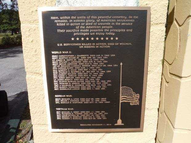 SOUTHERN MEMORIAL PARK CEMETERY WAR DEAD PLAQUE