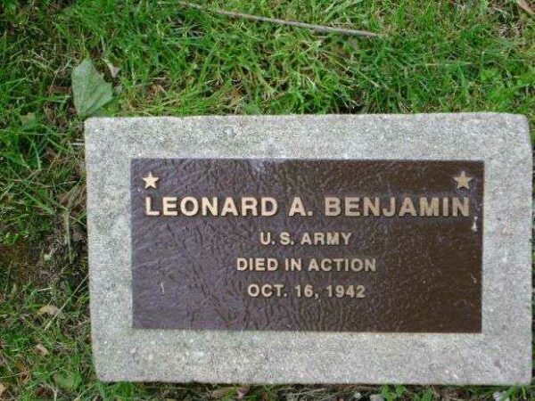 LEONARD A. BENJAMIN WAR MEMORIAL TREE PLAQUE