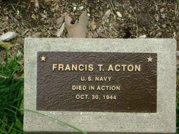 FRANCIS T. ACTON WAR MEMORIAL TREE PLAQUE