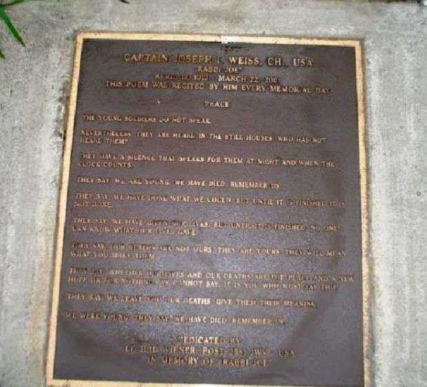 CAPTAIN JOSEPH I. WEISS WAR MEMORIAL TREE PLAQUE