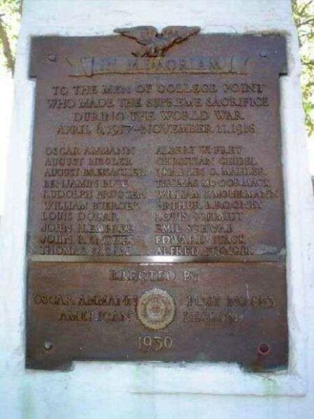 COLLEGE POINT WORLD WAR I MEMORIAL PLAQUE