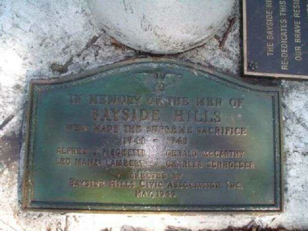 BAYSIDE HILLS WORLD WAR II MEMORIAL FLAGPOLE PLAQUE A