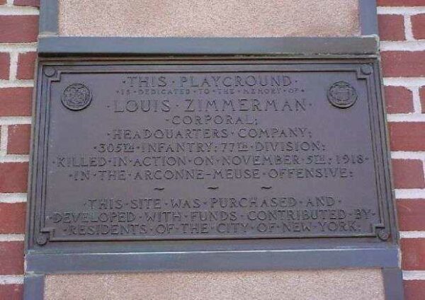 CORPORAL LOUIS ZIMMERMAN WAR MEMORIAL PLAYGOUND PLAQUE