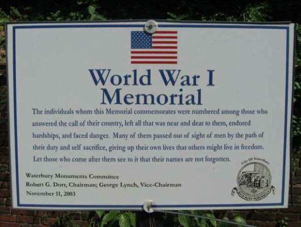 WATERBURY WORLD WAR I MEMORIAL PLAQUE