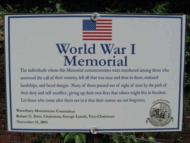 WATERBURY WORLD WAR I MEMORIAL PLAQUE