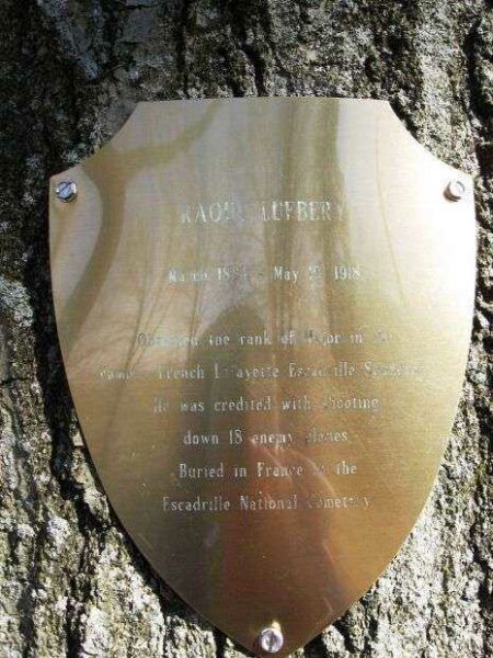 MAJOR RAOUL LUFBERY MEMORIAL TREE PLAQUE