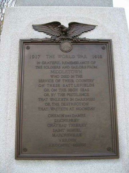 MIDDLETOWN WORLD WAR I MEMORIAL DEDICATION PLAQUE