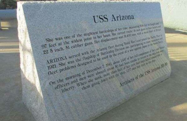 BODFISH USS ARIZONA ARTIFACTS WAR MEMORIAL NARRATIVE STONE