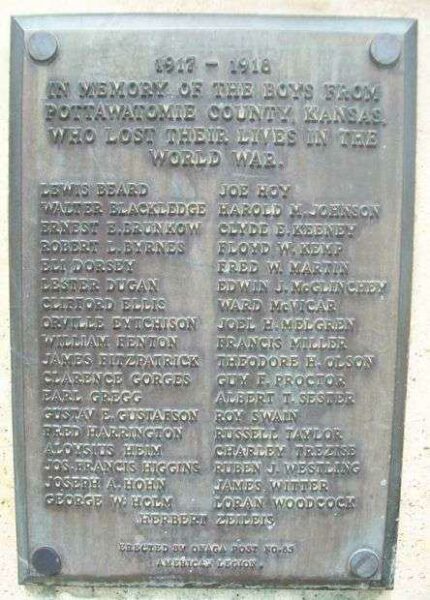 POTTAWATOMIE COUNTY WORLD WAR I MEMORIAL PLAQUE A