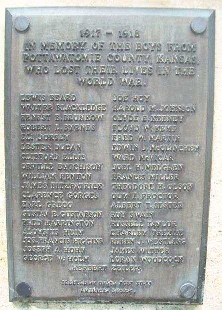 POTTAWATOMIE COUNTY WORLD WAR I MEMORIAL PLAQUE A