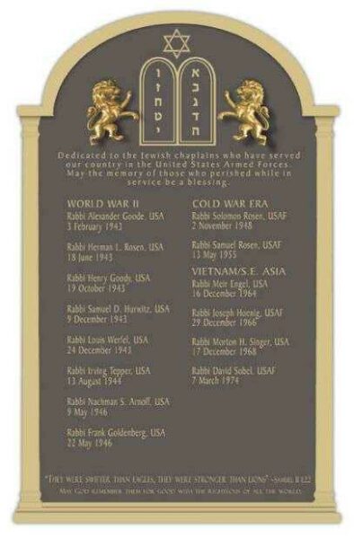JEWISH CHAPLAINS WAR MEMORIAL PLAQUE