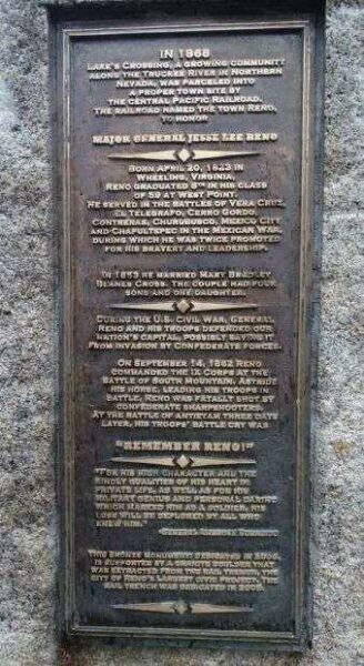 MAJOR GENERAL JESSE LEE RENO WAR MEMORIAL PLAQUE