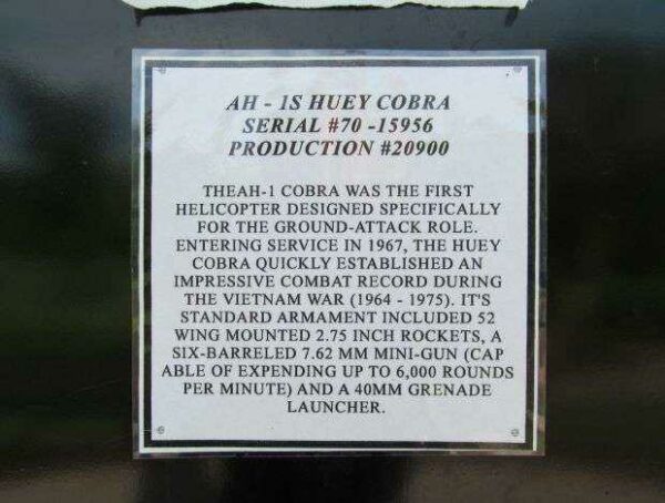 MCLEOD COUNTY BELL AH-1S HUEY COBRA ATTACK HELICOPTER MEMORIAL PLAQUE A