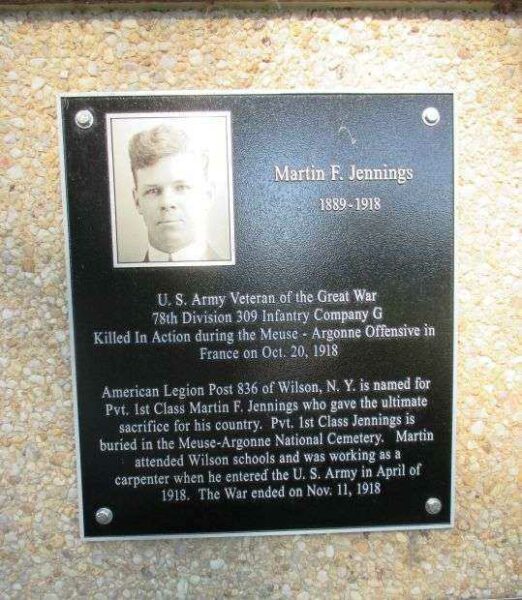 PVT. 1ST CLASS MARTIN F. JENNINGS WAR MEMORIAL PLAQUE