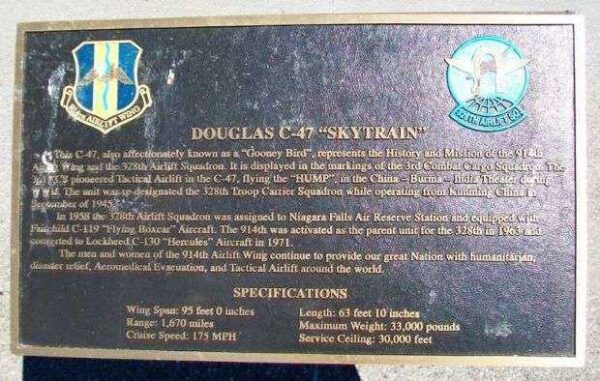 DOUGLAS C-47 “SKYTRAIN” MEMORIAL AIRCRAFT PLAQUE