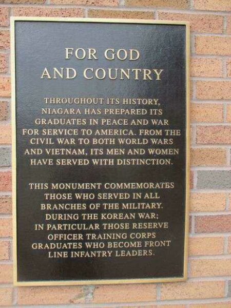 FOR GOD AND COUNTRY NIAGARA UNIVERSITY VETERANS’ MEMORIAL PLAQUE A