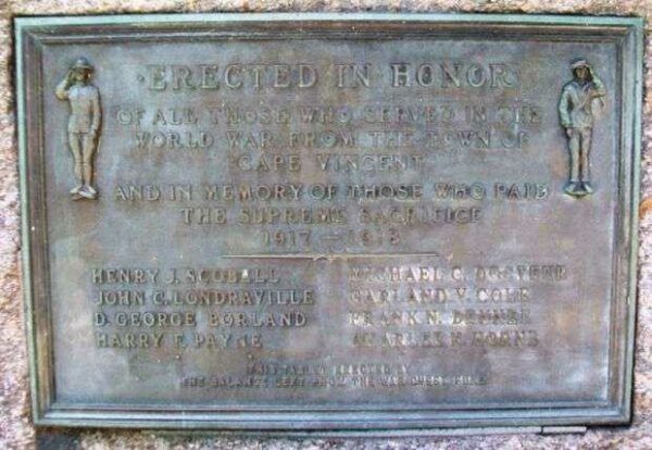TOWN OF CAPE VINCENT WORLD WAR I MEMORIAL PLAQUE