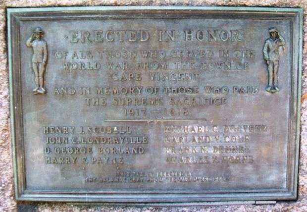 TOWN OF CAPE VINCENT WORLD WAR I MEMORIAL PLAQUE