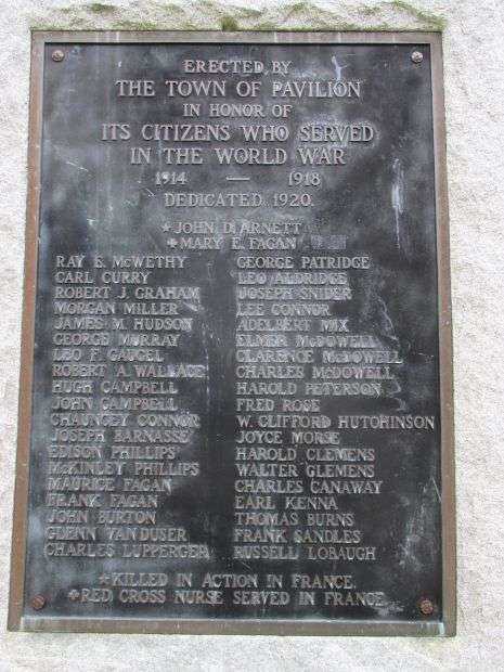 TOWN OF PAVILION WORLD WAR I MEMORIAL PLAQUE