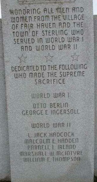 FAIR HAVEN AND TOWN OF STERLING WAR MEMORIAL DEDICATION STONE