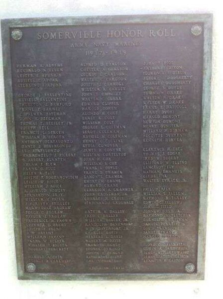 SOMERVILLE WORLD WAR I MEMORIAL PLAQUE B