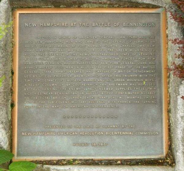 NEW HAMPSHIRE AT THE BATTLE OF BENNINGTON MEMORIAL PLAQUE