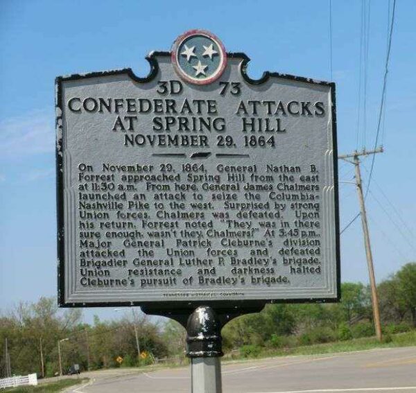 CONFEDERATE ATTACKS AT SPRING HILL WAR MEMORIAL MARKER