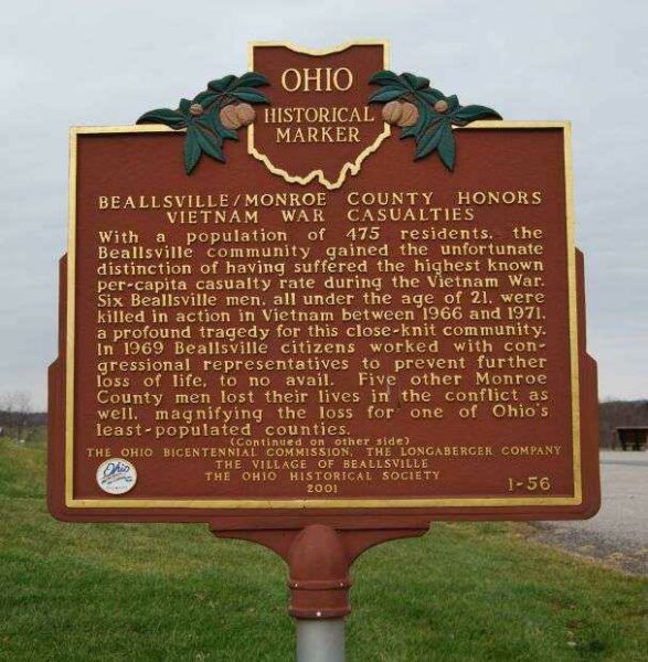BEALLSVILLE/MONROE COUNTY HONORS VIETNAM WAR CASUALTIES MEMORIAL MARKER FRONT