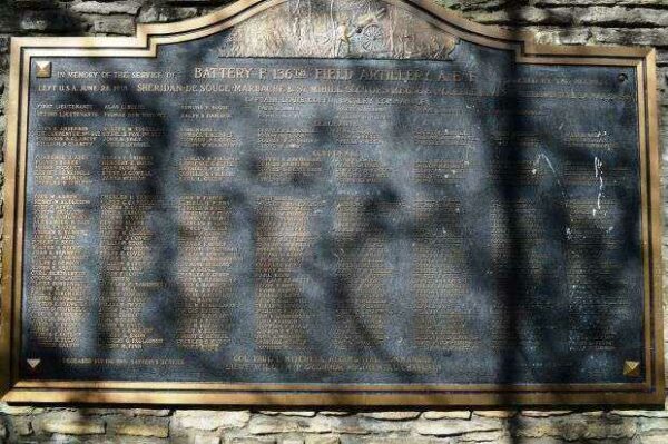 BATTERY F, 136TH FIELD ARTILLERY, A.E.F. MEMORIAL PLAQUE