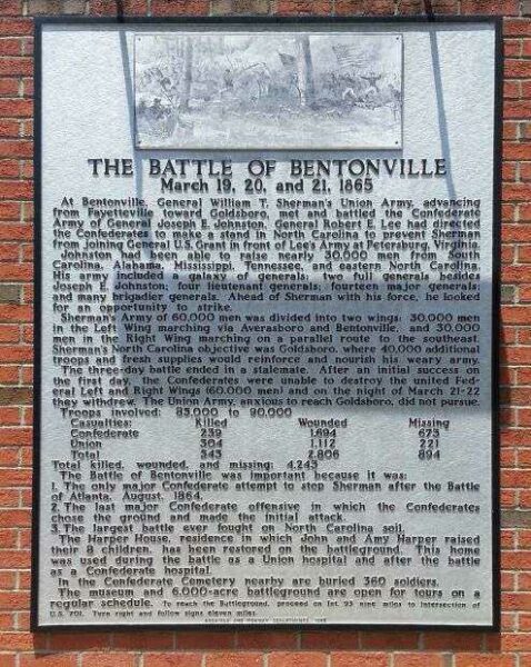 THE BATTLE OF BENTONVILLE WAR MEMORIAL PLAQUE